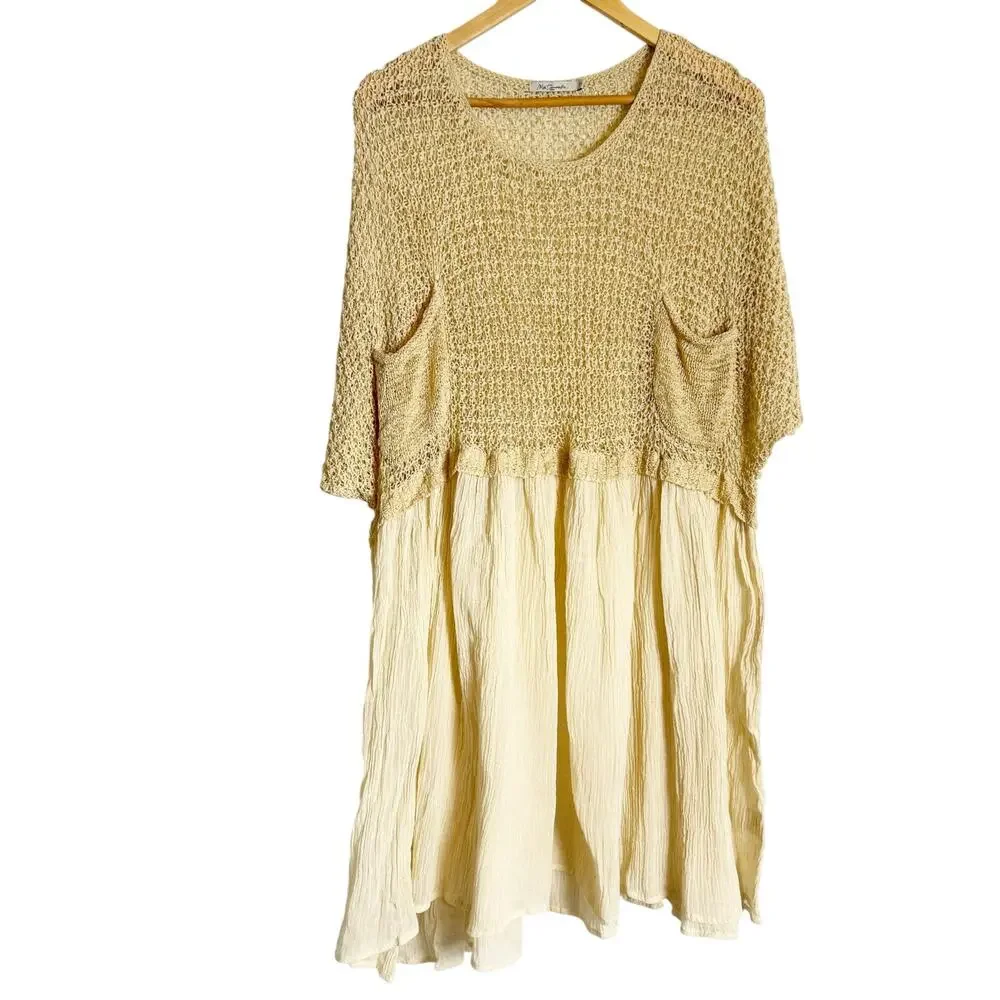 Mes Demoiselles Beige Cream Crochet Crinkle Mixed Media Boho Coastal Tunic Top L